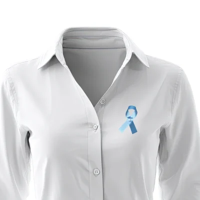 light blue awareness ribbons on shirt