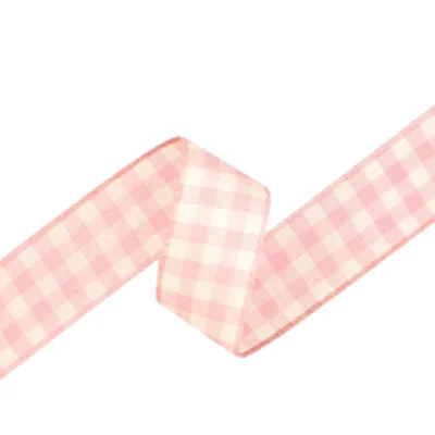 check gingham ribbon 15mm light pink white