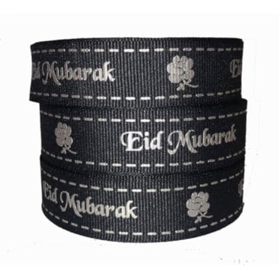 Eid-Mubarak | 20mm Charcoal Woven Ribbon with Silver Print