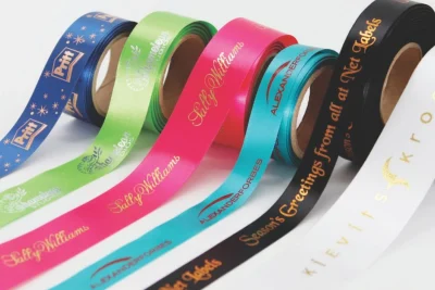 foil branded metallic print satin ribbon