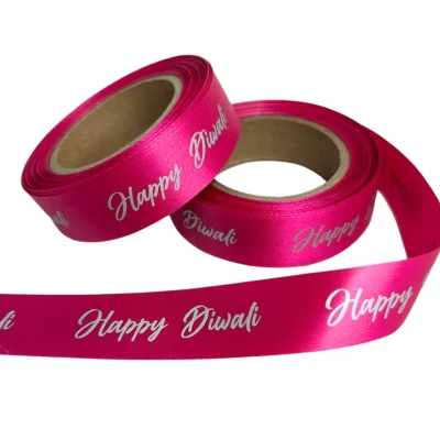 happy Diwali satin ribbon pink and silver