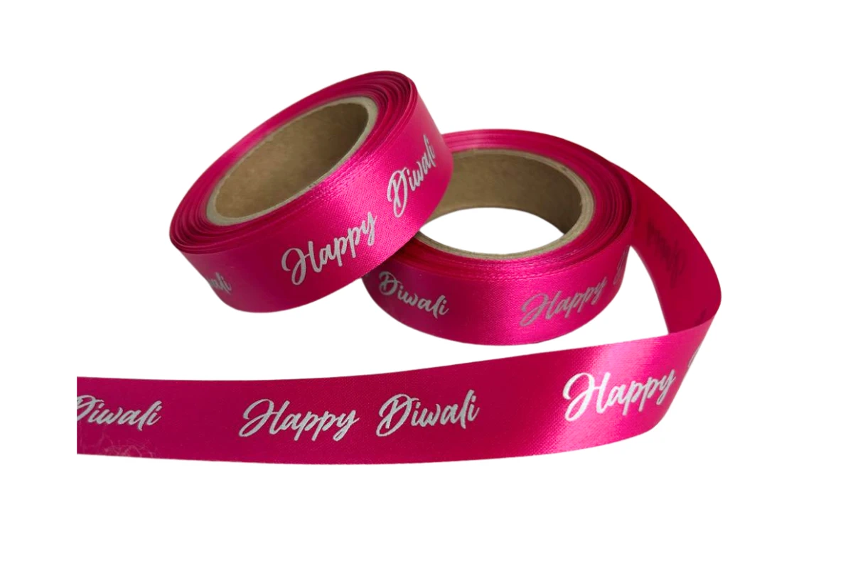 happy Diwali satin ribbon pink and silver