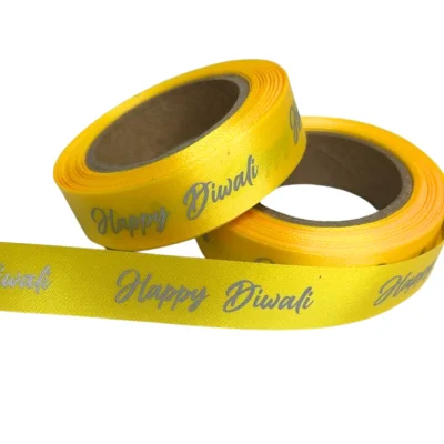 yellow happy Diwali satin ribbon silver print