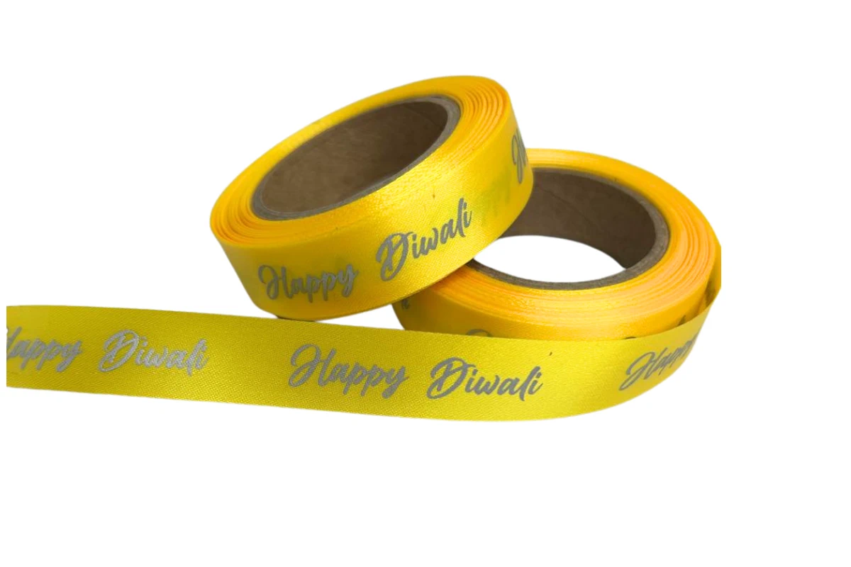 yellow happy Diwali satin ribbon silver print