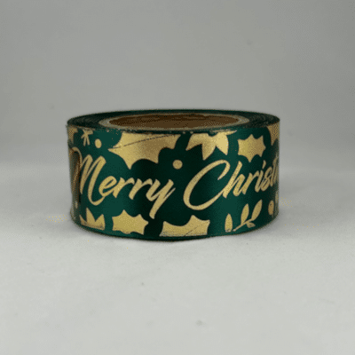 green satin ribbon merry Christmas 25mm with gold