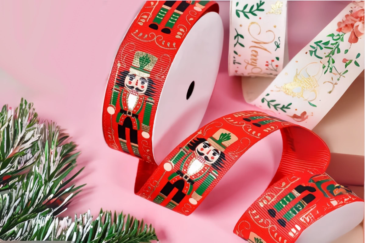 Christmas nutcracker petersham ribbon 25mm x 10m red back, full colour