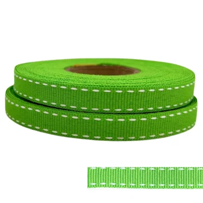 lime petersham with white saddle stitches 15mm x 10m