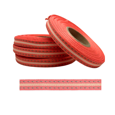 Petersham Striped / Stitches (10mm) Strawberry / Coral / Taupe 10 meters