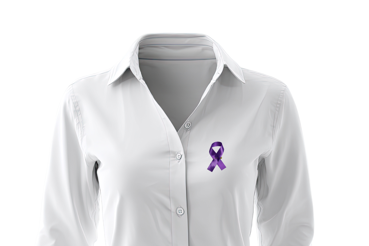 purple awareness ribbon on shirt