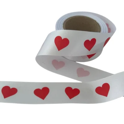 25mm White Satin Ribbon with Big Red Heart Print 10m roll