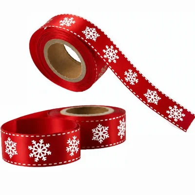 white snowflakes on red satin ribbon 20mm