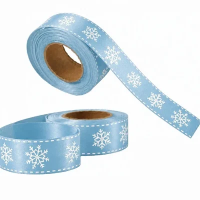 light blue satin with white snow flakes 20mm