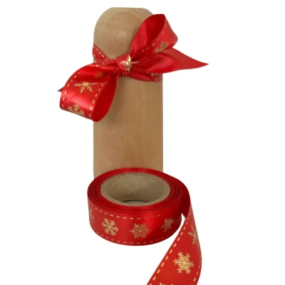 gold snowflakes on red ribbon 20mm