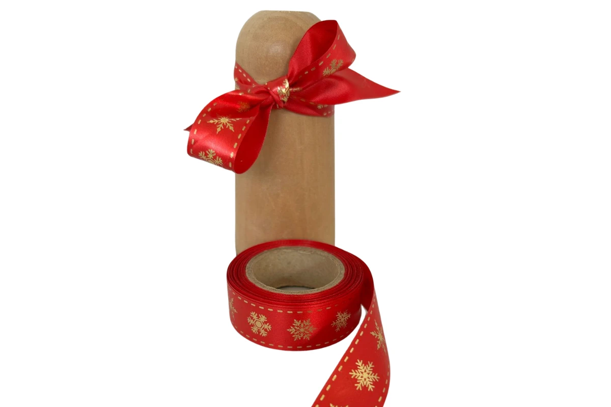 gold snowflakes on red ribbon 20mm