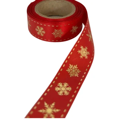 gold snowflakes on red ribbon 20mm x 10m