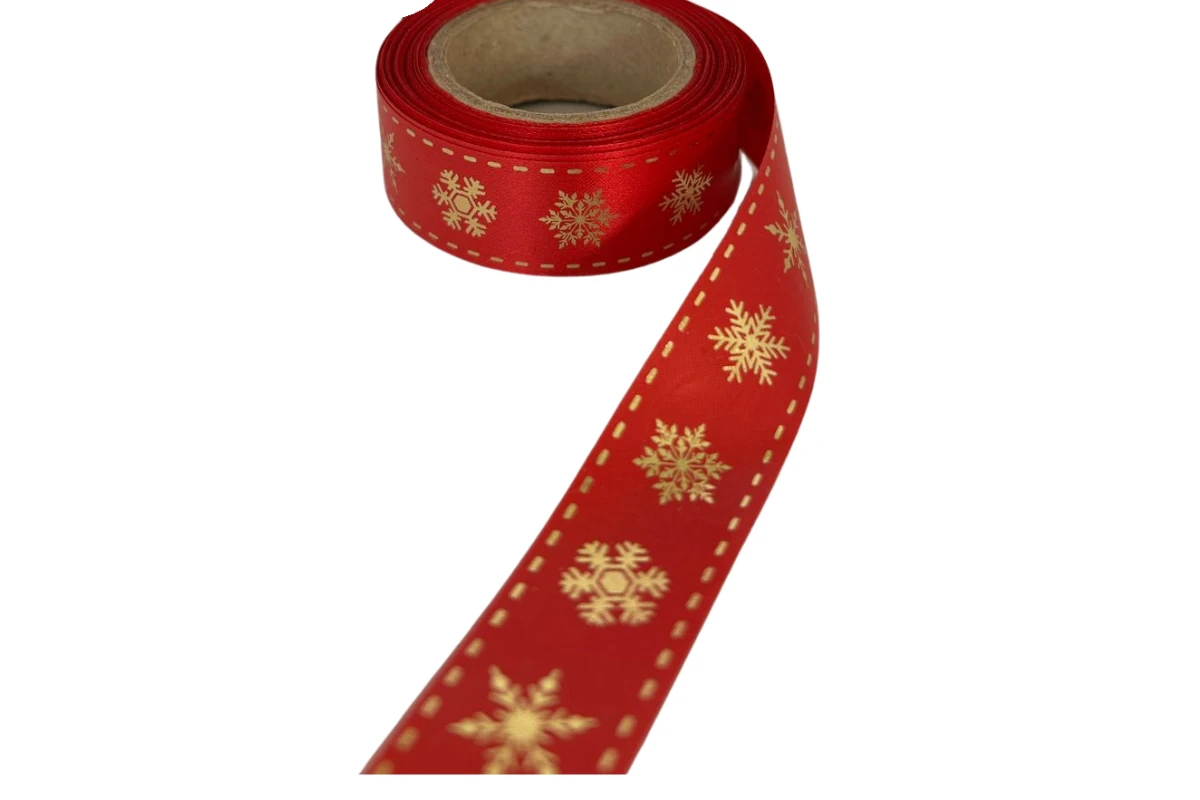gold snowflakes on red ribbon 20mm x 10m