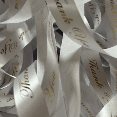 thank you satin ribbon gold on white 15mm